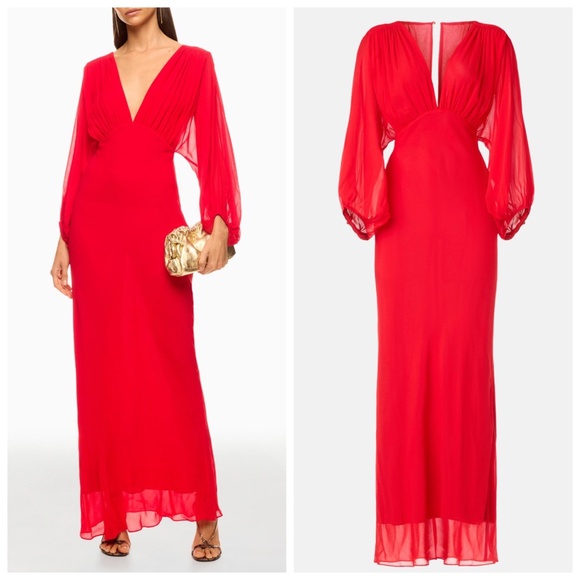 Shona Joy Amina Maxi Gown Plunge Balloon Long Sleeve Red Chiffon - US 2 - Picture 1 of 11